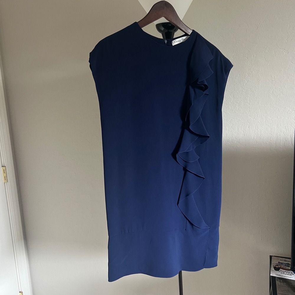 CHRISTIAN DIOR Navy Silk Elastane Ruffle Detail Dress Made in Italy Designer